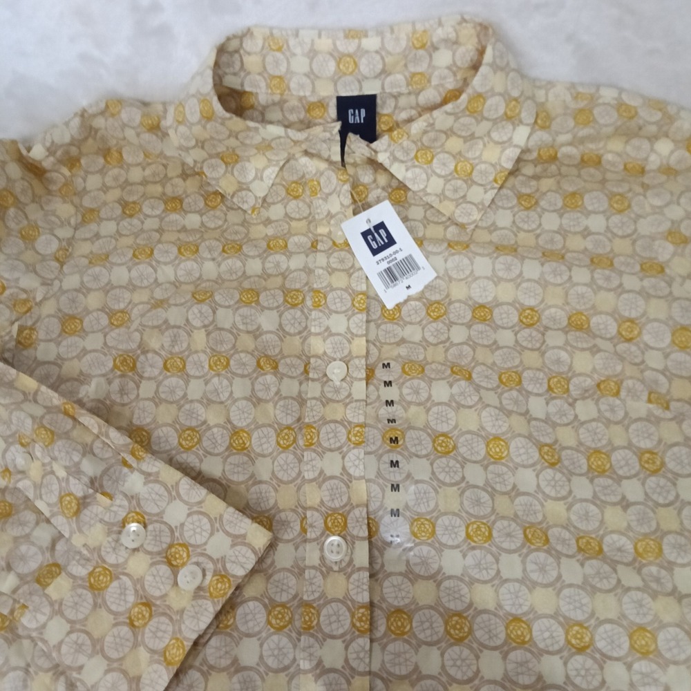 Gap Classic Women Medium Yellow Geometric Circle Print Cotton Button Down Shirt